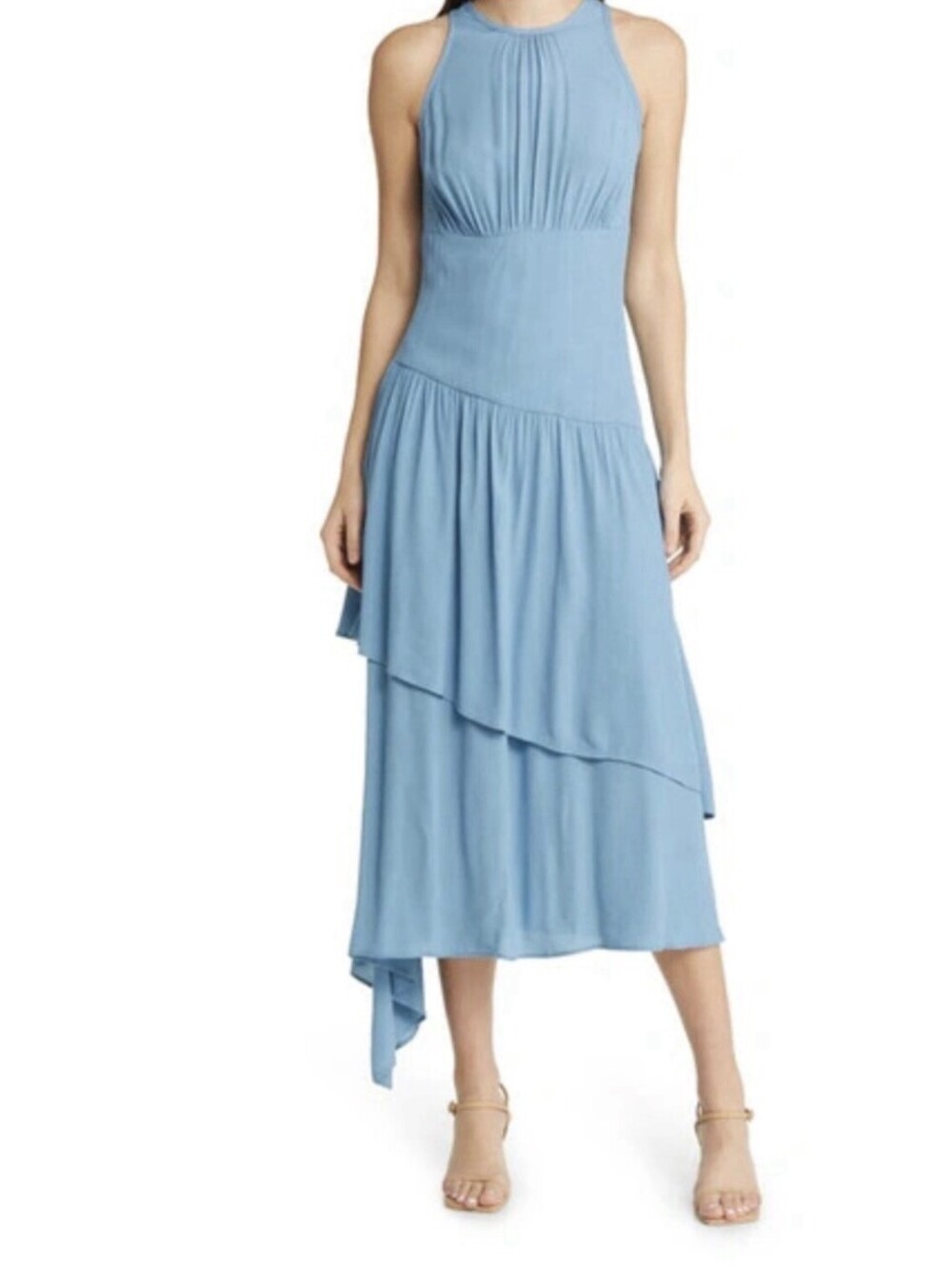 NWT Chelsea28 Blue Tiered Asymmetric Midi Dress M Sleeveless Fairycore Ruffle